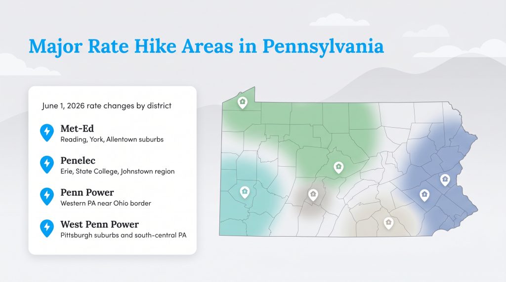 Map of Pennsylvania showing FirstEnergy rate hike areas for four utility districts.