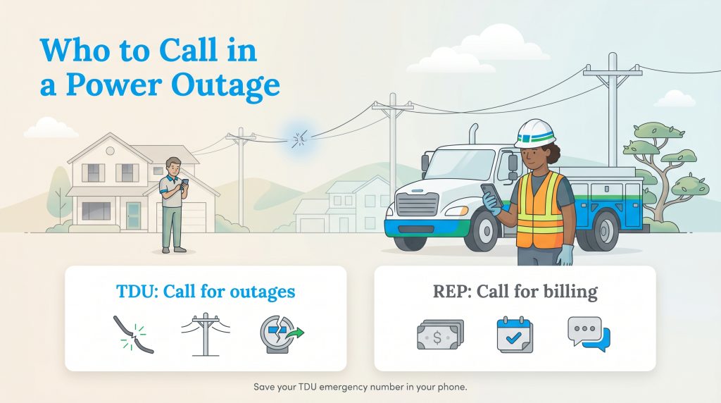 Infographic: Call TDU for outages and repair; call REP for billing and service questions.