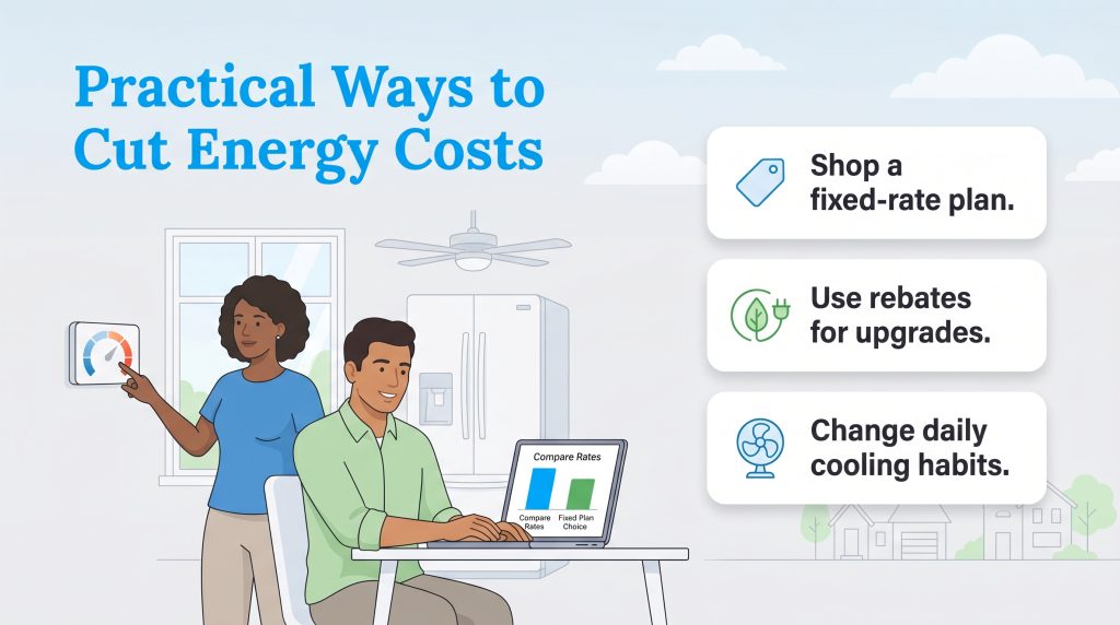 Illustration of a couple managing home energy with three practical tips to cut costs.