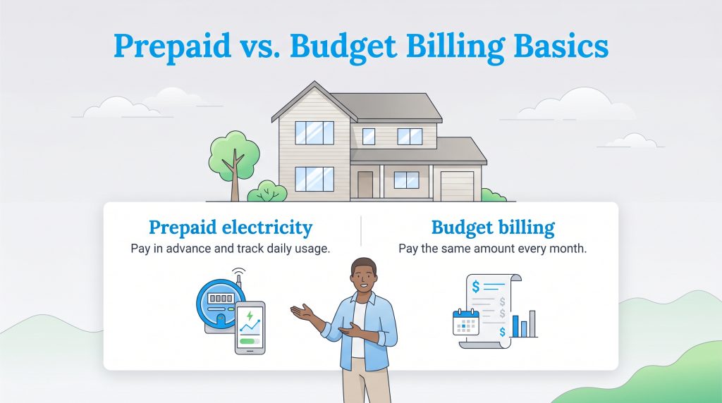 A comparison illustration showing the basics of prepaid electricity versus budget billing payment options.