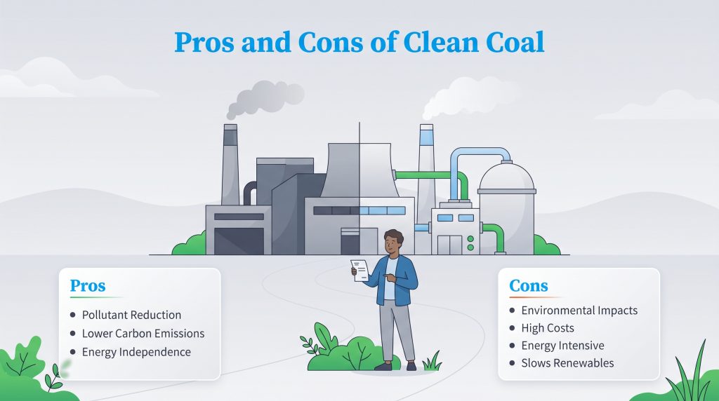 Infographic detailing the advantages and disadvantages of clean coal technology.