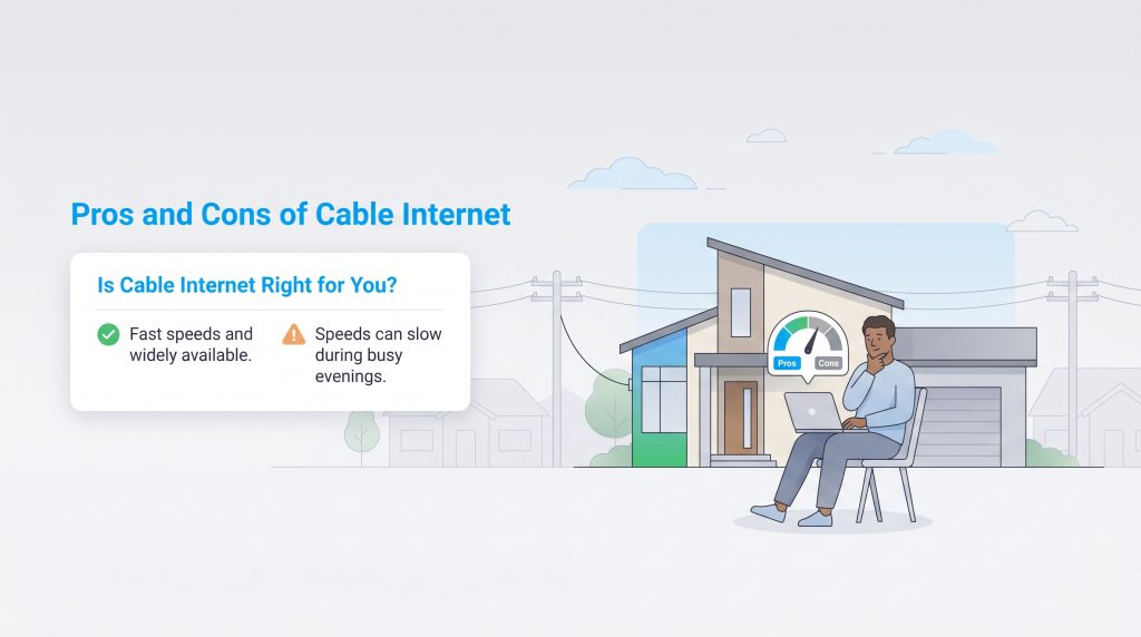 Illustration of a man considering cable internet's pros and cons, highlighting speed vs. peak-time slow-downs.