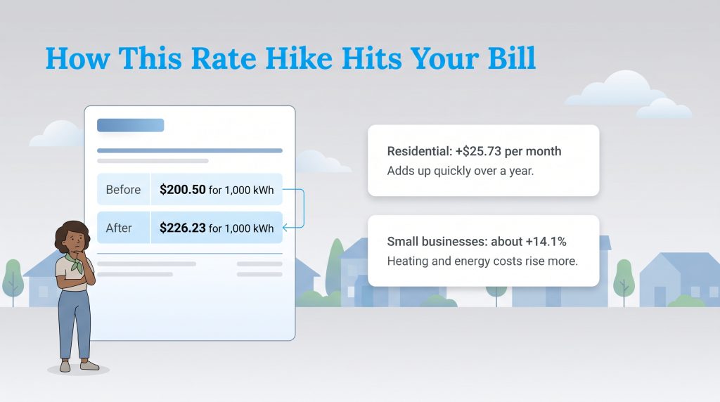 Graphic shows residential bills up $25.73/mo and small business costs rising 14.1%.