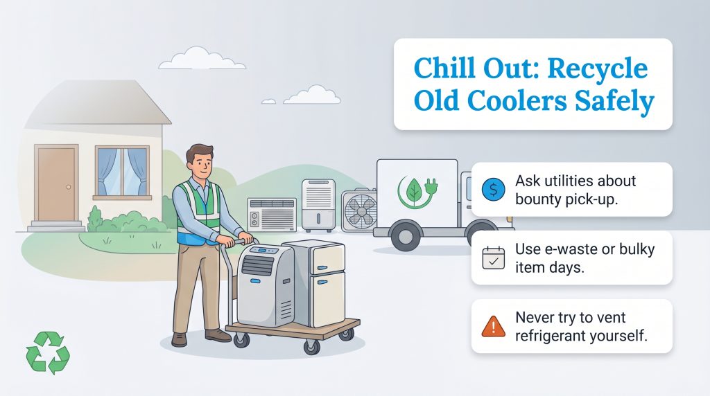 Man loads old cooling appliances for recycling, with tips on safe disposal.