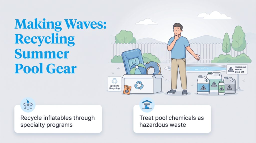 Man by pool with inflatables in a specialty recycling box and chemical jugs for hazardous waste.