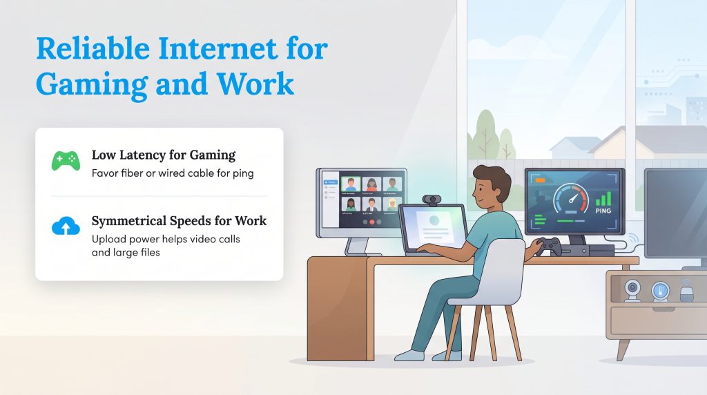 Illustration showing reliable internet needs: low latency for gaming and symmetrical speeds for work.
