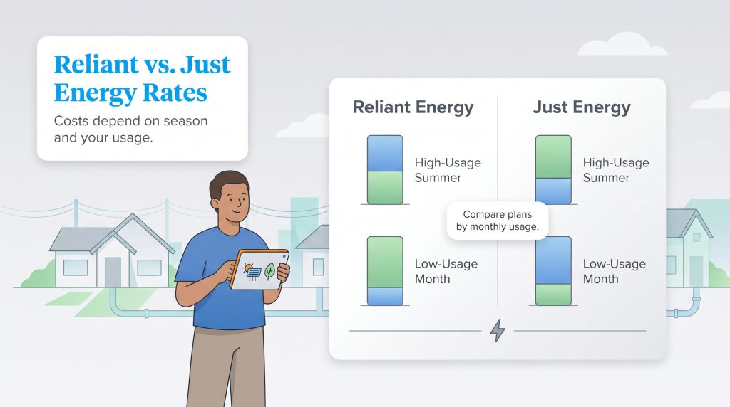 An illustration showing Reliant vs. Just Energy rates, indicating costs depend on seasonal usage.