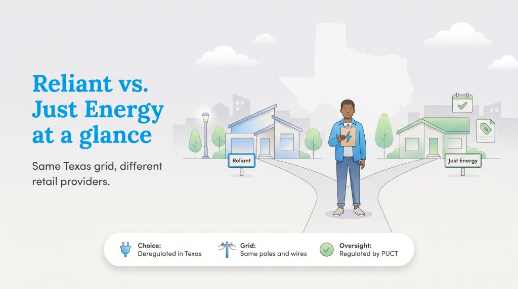 Graphic comparing Reliant and Just Energy as retail providers on the same Texas electricity grid.