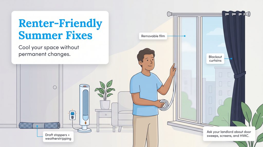 Illustration shows a man applying window film, with labels pointing to blackout curtains, draft stoppers, and a smart plug for a fan.