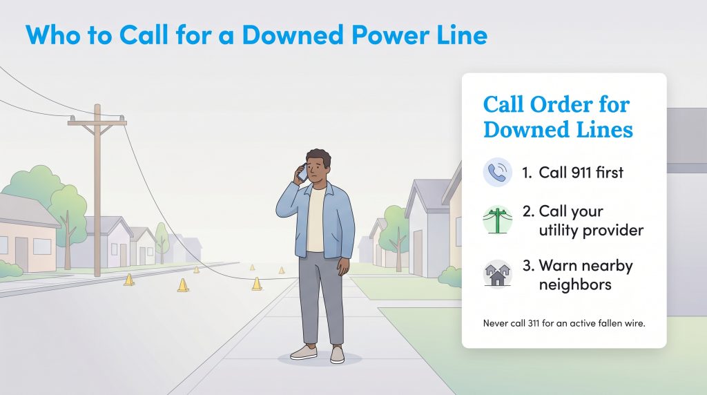 Illustration showing a man near downed power lines and a checklist to Call 911 first.