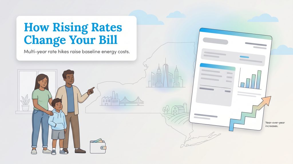 A family points to a NY map and a utility bill with an arrow showing year-over-year increases.