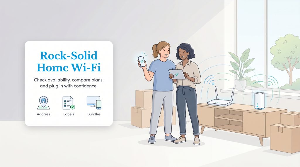 Two women in a new home with moving boxes enjoy a strong Wi-Fi signal from a router and gateway.