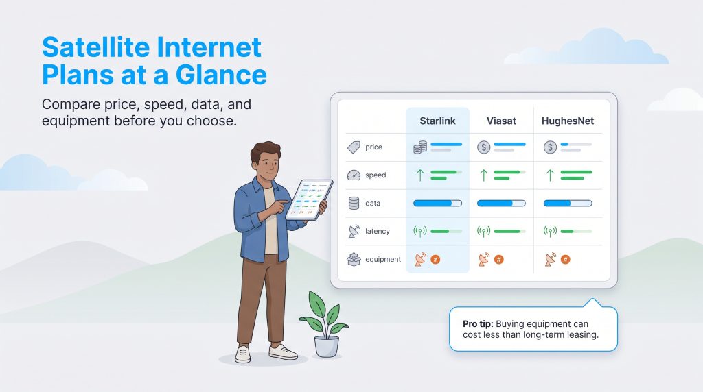 Infographic comparing Starlink, Viasat, and HughesNet satellite internet plans.