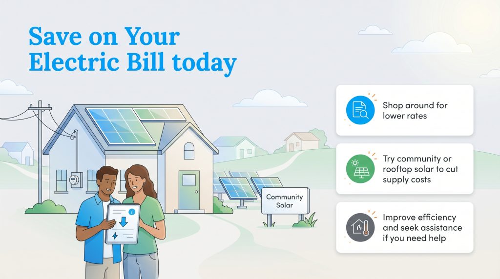 Couple with a home and community solar farm, and three tips for saving on electric bills.