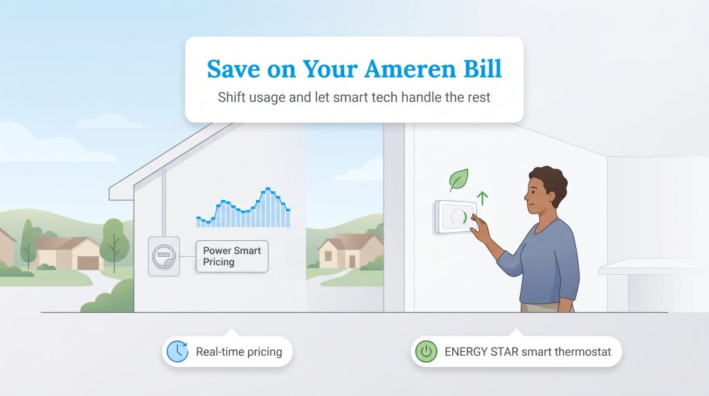 Illustration of a woman using a smart thermostat to save on an Ameren bill through Power Smart Pricing.