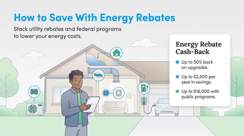 Illustration showing ways to save on energy bills using various rebates and programs.