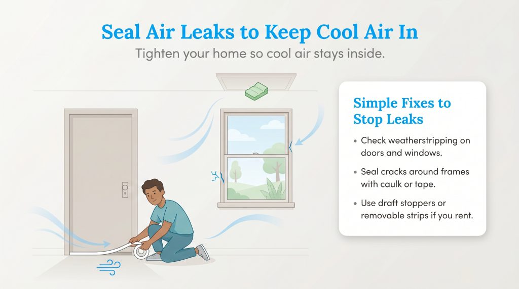 Man applies weatherstripping to a door, with air leak points shown around a window and attic.