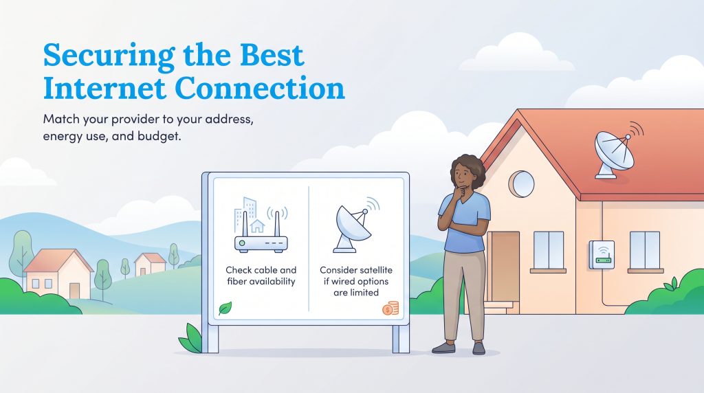 An illustration shows a person comparing cable and satellite internet options on a sign outside a home.