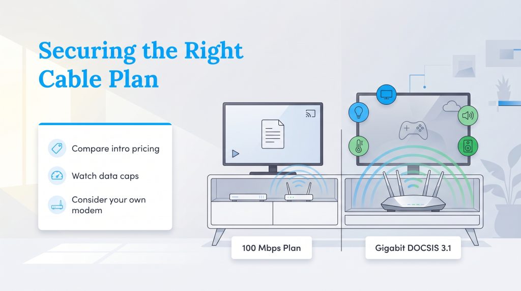 Infographic comparing basic 100 Mbps and high-speed Gigabit cable internet plans and usage.