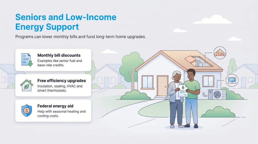 Illustration showing people outside a home, listing energy bill discounts, free upgrades, and federal aid.
