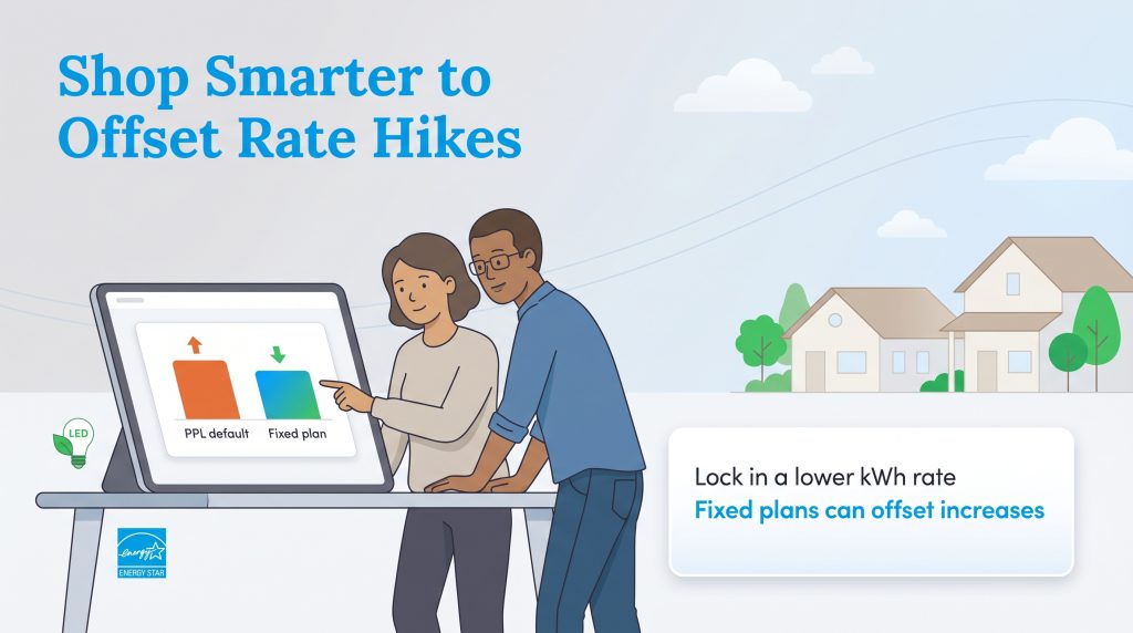 Two people compare energy rates on a tablet, showing a fixed plan is lower than the PPL default.