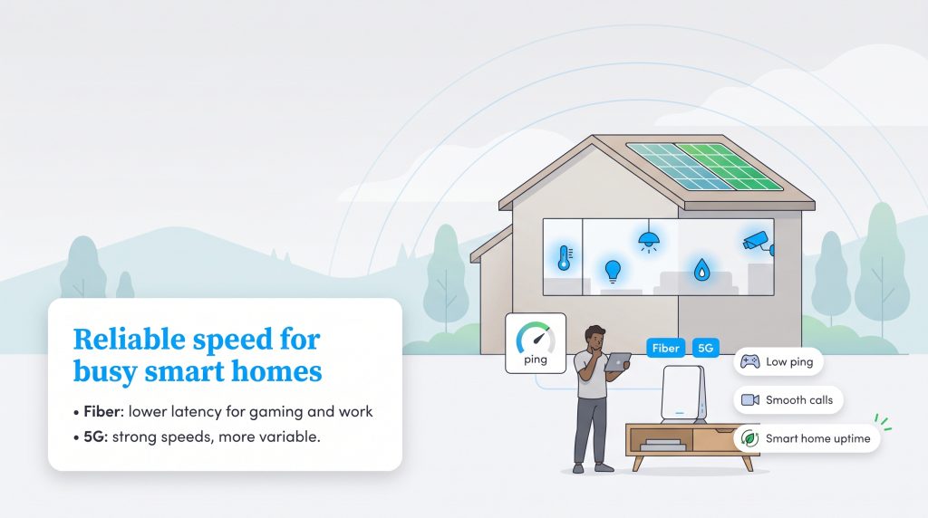 Illustration comparing fiber and 5G internet reliability for a busy smart home with solar panels.