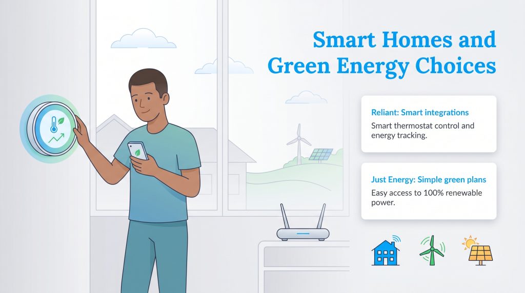 Illustration of a man using a smart thermostat, with text boxes highlighting Reliant's smart integrations and Just Energy's simple green plans.