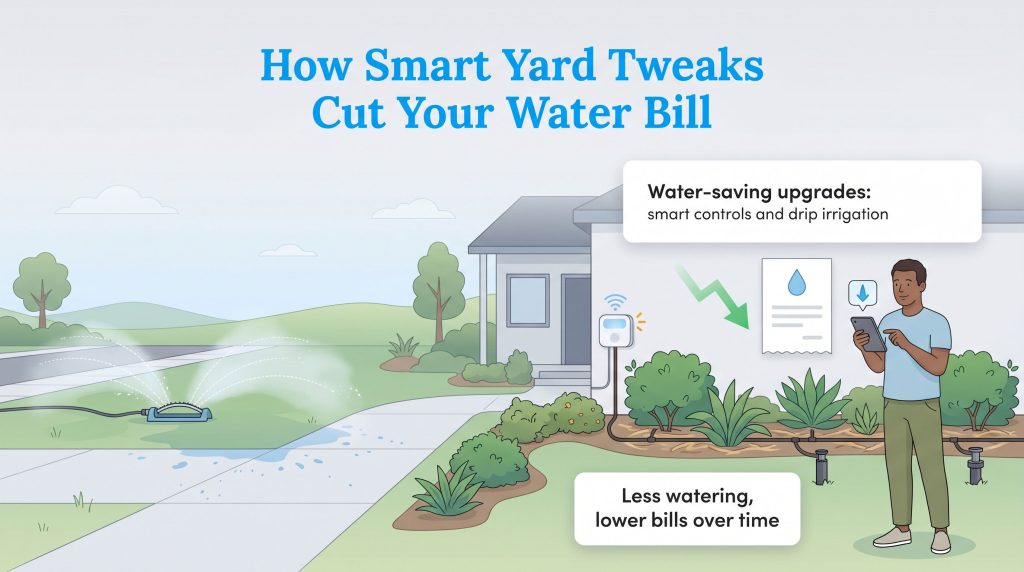 Illustration showing smart yard water upgrades like drip irrigation and a controller, leading to lower bills.