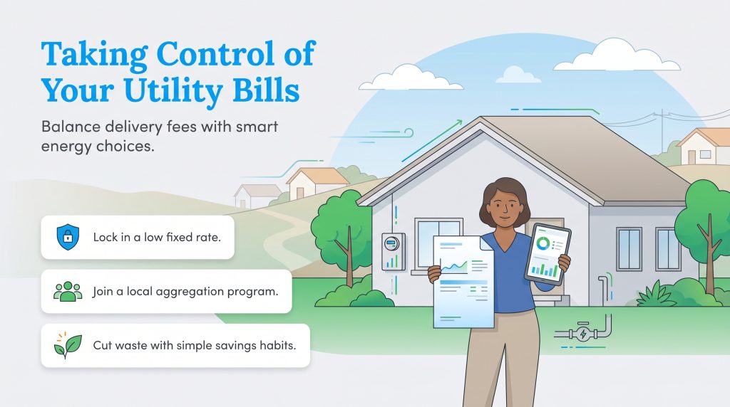 Infographic with a woman holding utility documents, outlining steps to control bills.