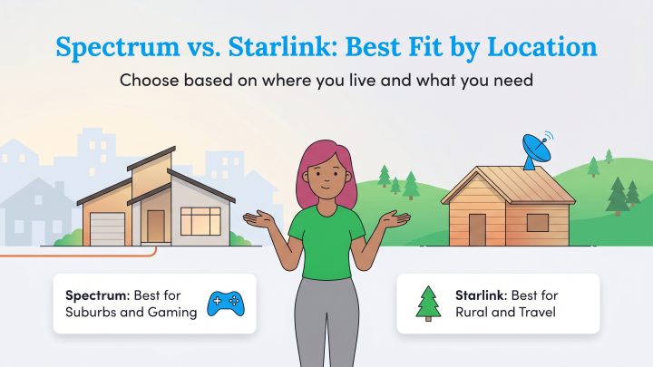 Infographic comparing Spectrum for suburbs and gaming versus Starlink for rural areas and travel.