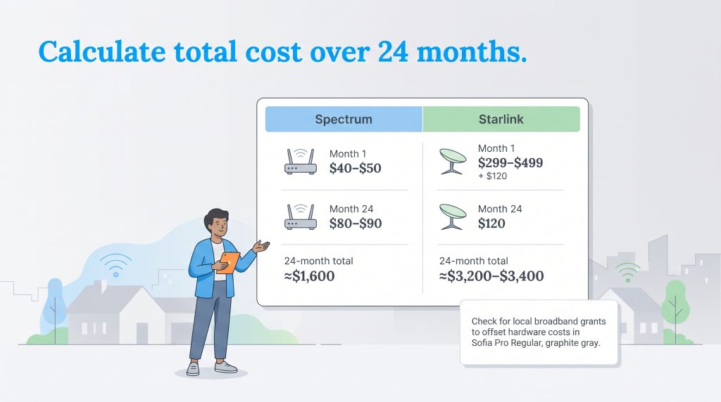 Chart comparing 24-month total costs: Spectrum is approx. $1,600, while Starlink is approx. $3,200-$3,400 due to high upfront hardware fees.