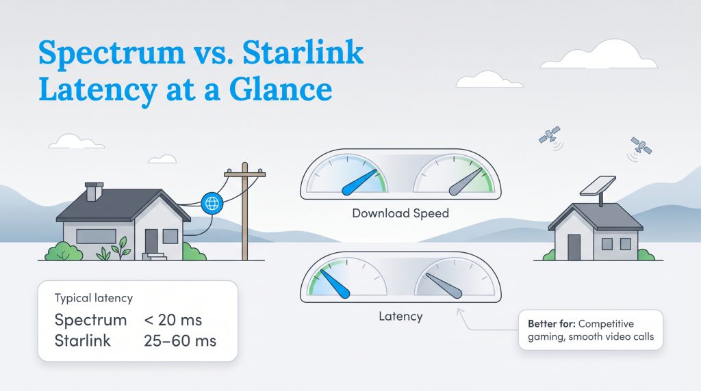 Infographic shows Spectrum's <20ms latency vs. Starlink's 25-60ms, favoring Spectrum for gaming.