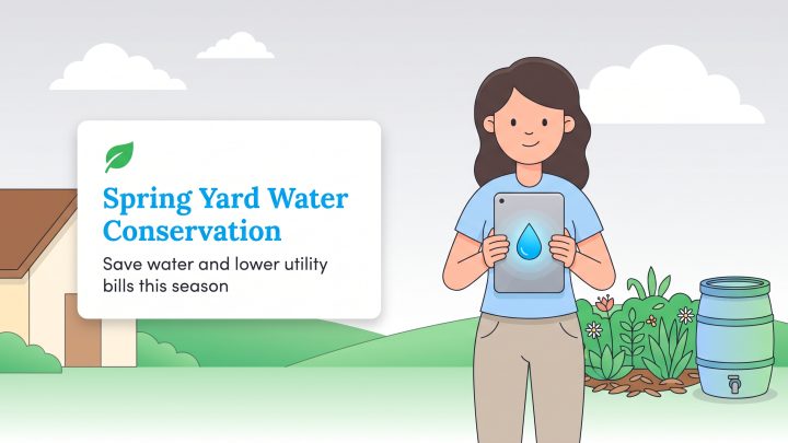 Woman with a tablet in a garden with a rain barrel, promoting Spring Yard Water Conservation.