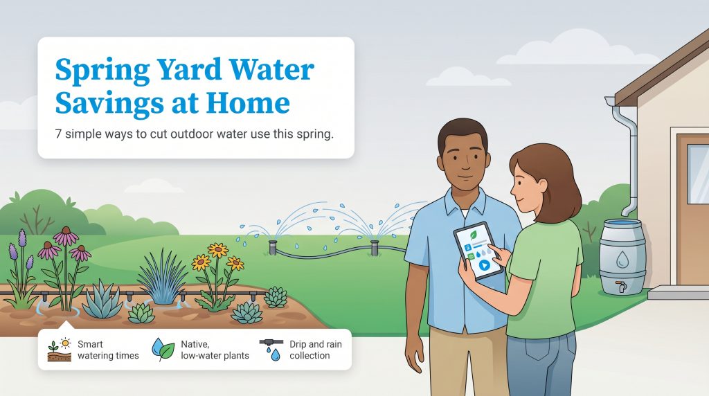An infographic titled Spring Yard Water Savings at Home showing a couple and examples of water-efficient landscaping.