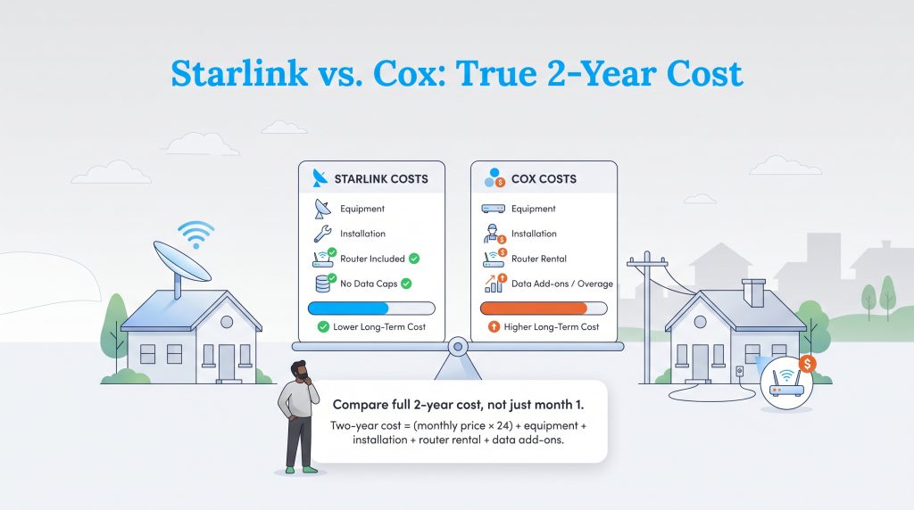 Infographic comparing Starlink and Cox internet true 2-year costs, highlighting equipment, installation, and data fees.