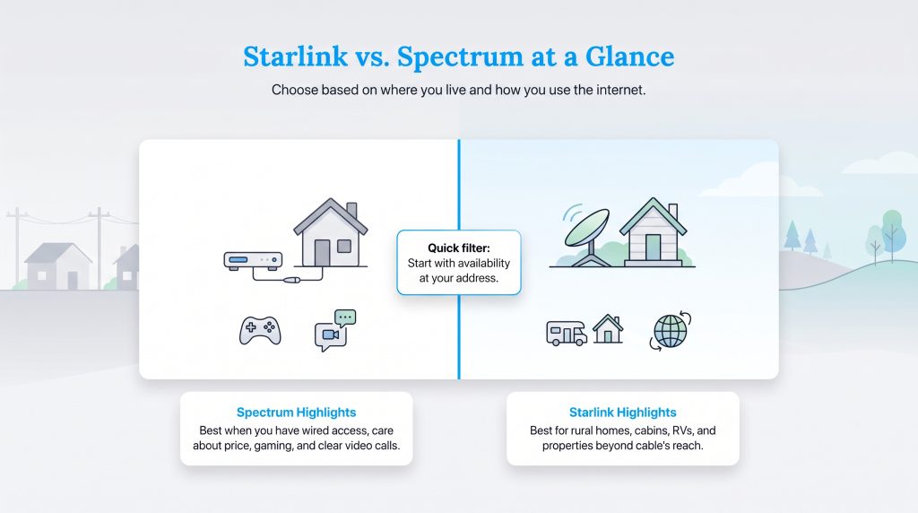 Infographic comparing Starlink and Spectrum internet options based on location and usage highlights.