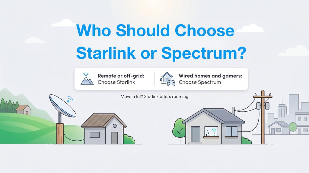 Infographic comparing Starlink for rural off-grid use and Spectrum for wired homes and gaming.