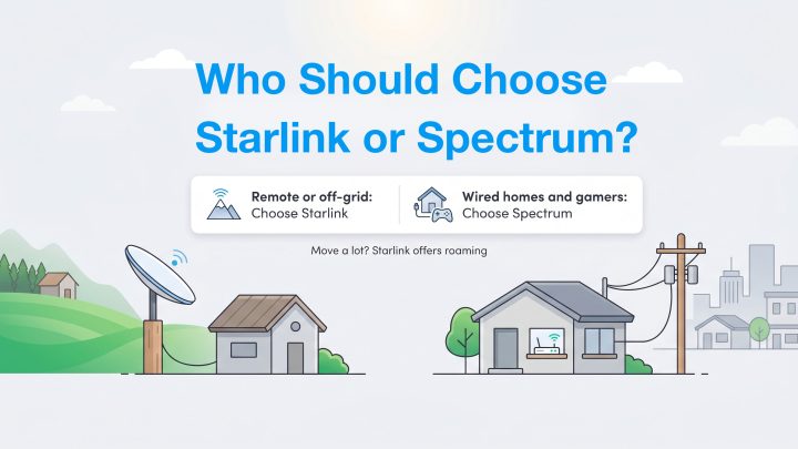 Infographic comparing Starlink for rural off-grid use and Spectrum for wired homes and gaming.