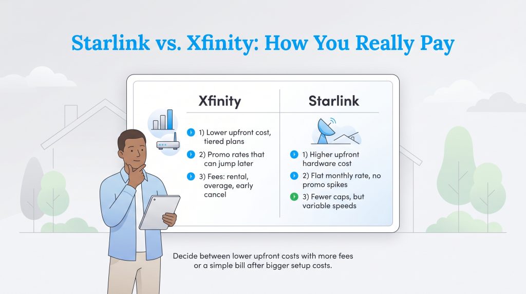 Infographic compares Xfinity's low setup and fees with Starlink's high setup and flat rate.