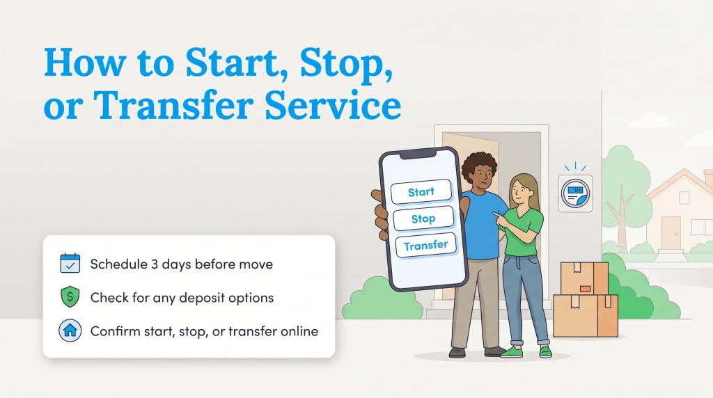 A couple with moving boxes holds a giant phone showing utility service options next to a checklist.