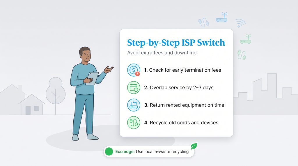 Infographic checklist for switching internet service providers to avoid fees and downtime.