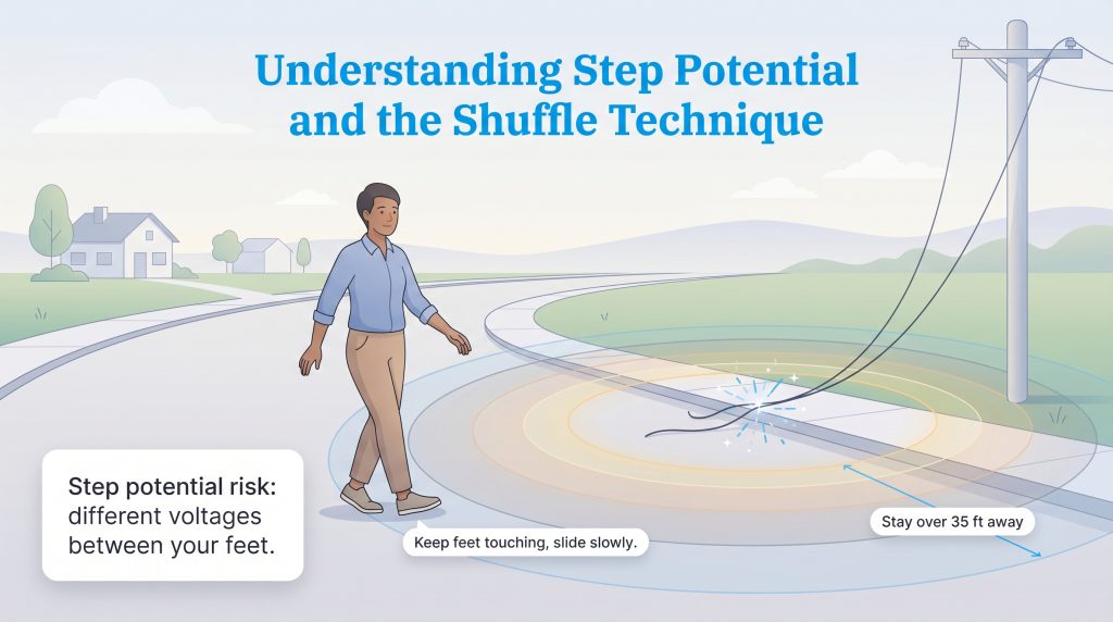 Illustration of the shuffle technique to safely move away from a downed power line's voltage gradient.
