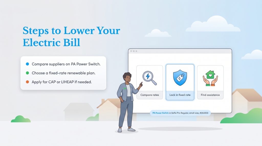 Infographic illustrating three key steps to lower your electric bill in Pennsylvania.