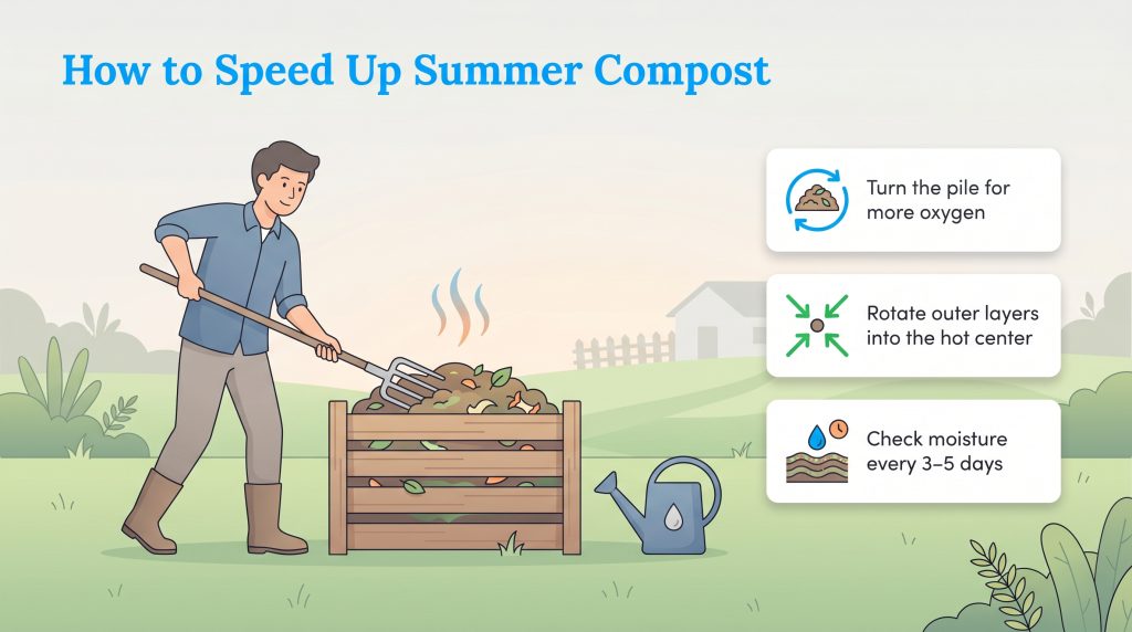 Man turning a compost pile with a pitchfork to speed up decomposition in summer.