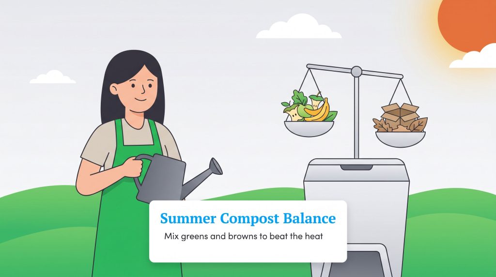 Woman with watering can, balance scale with food and cardboard, and compost bin under summer sun.