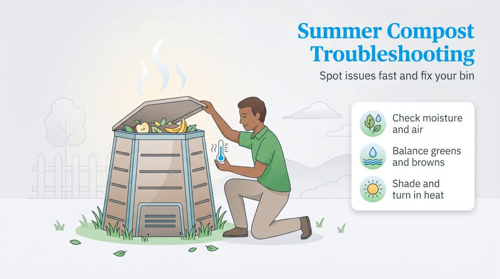 A man checks a hot compost bin with a thermometer next to tips for managing summer compost issues.