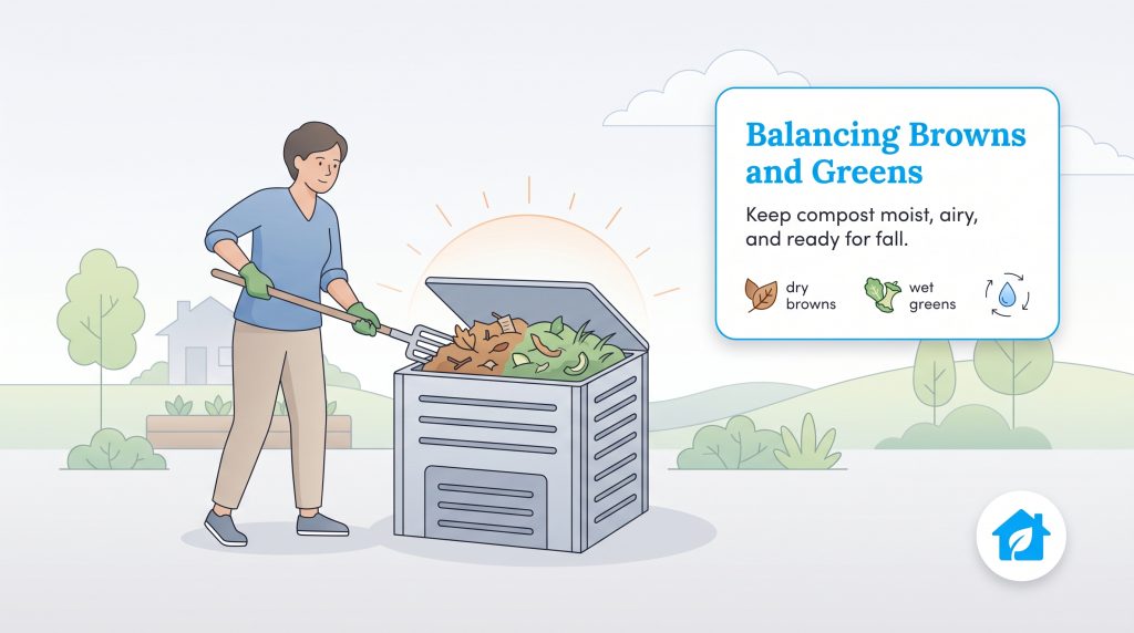 Person mixing compost bin with pitchfork, next to text about balancing dry browns and wet greens.