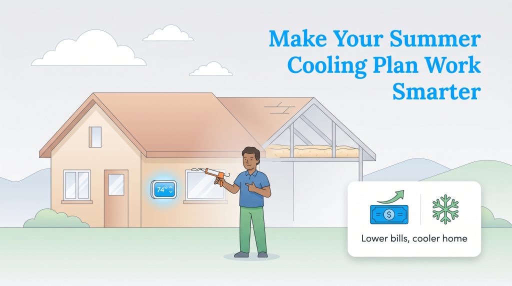 A man with a caulk gun points to a smart thermostat on a house, illustrating smarter summer cooling.