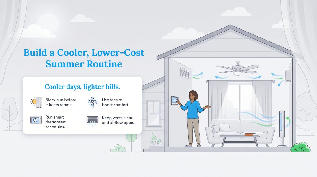 Illustration showing four tips for building a cooler, lower-cost summer routine in a home.