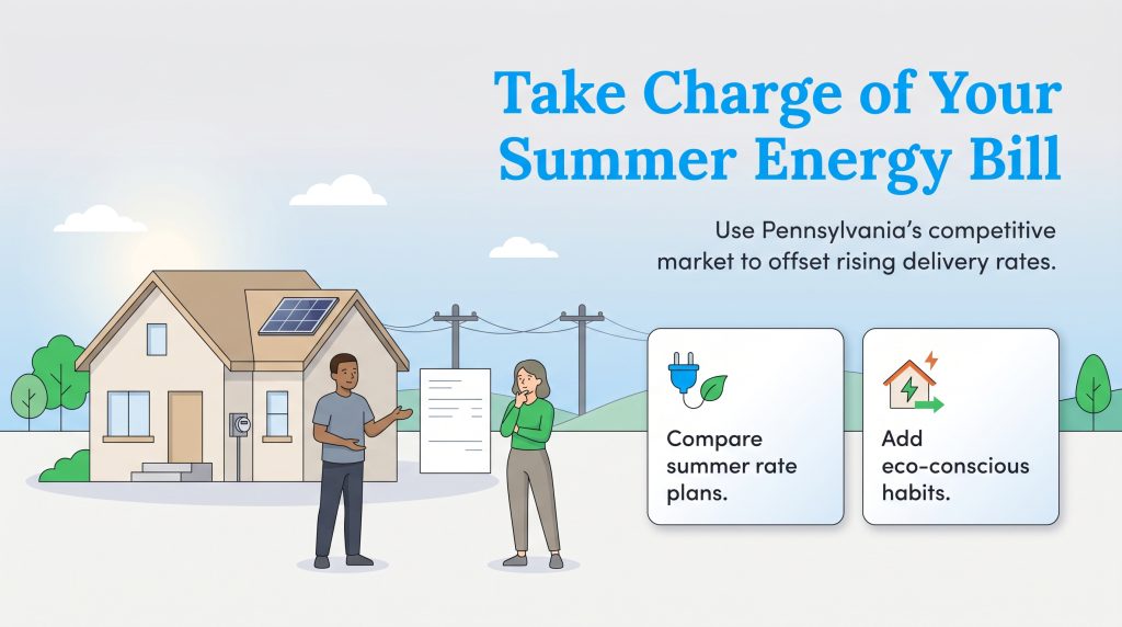 A couple discusses energy bills in front of their house, with tips to compare plans and add eco-conscious habits.
